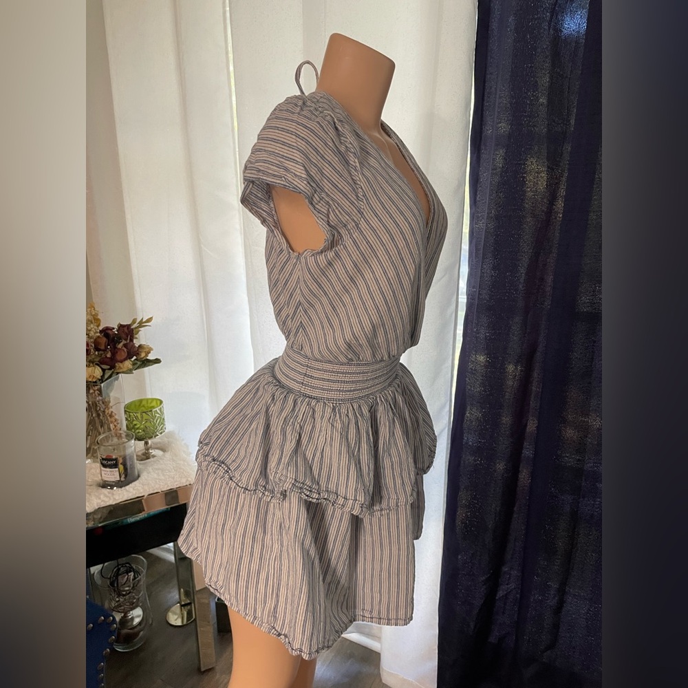 American Eagle Striped V-Neck Ruffle Dress small Blue white twirl - Picture 4 of 6
